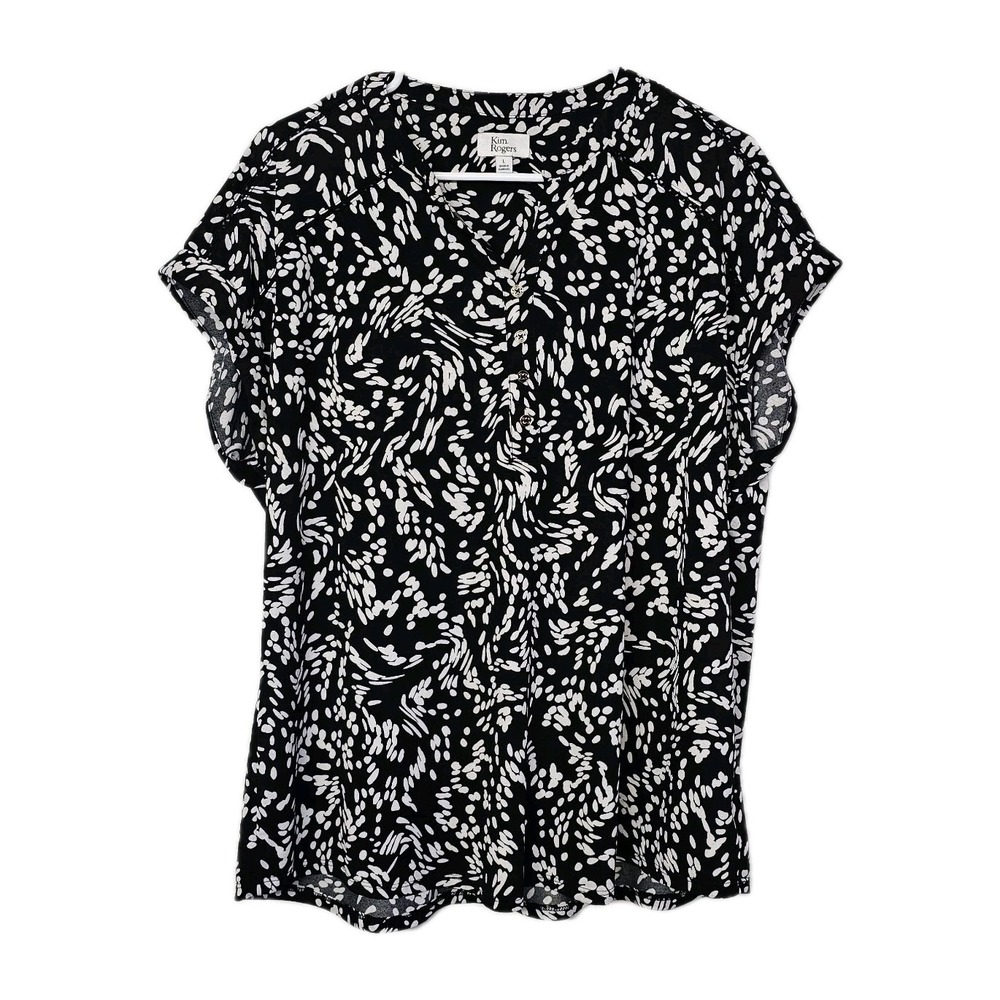 Kim Rogers Women's Large Black White Cap Sleeve Top Blouse Career Casual Stretch